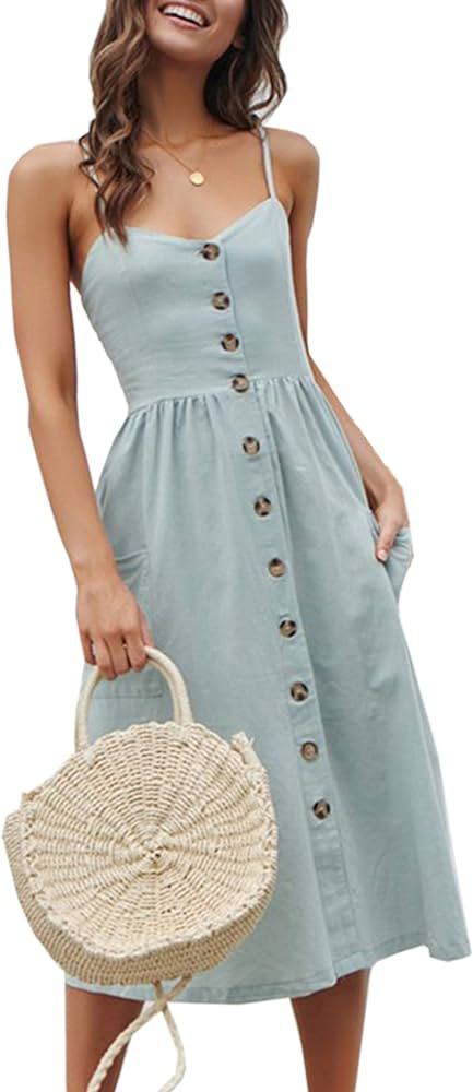 Angashion Women's Dresses-Summer Floral Bohemian Spaghetti Strap Button Down Swing Midi Dress | Amazon (US)