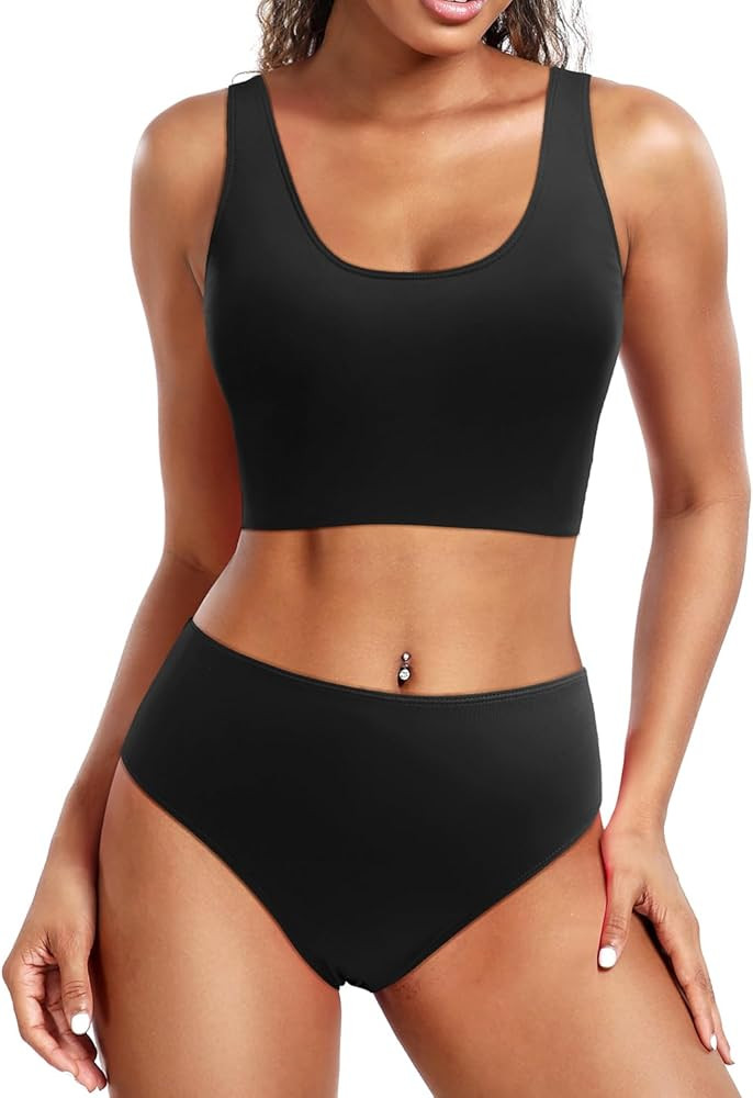 Holipick Women Two Piece Sports Swimsuit Crop Top Bathing Suit with Bottom High Waisted Bikini fo... | Amazon (US)