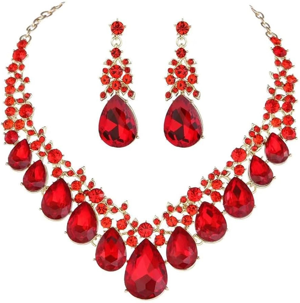 Women's Costume Fashion Crystal Teardrop Crystal Bridal Statement Necklace Dangle Earrings Set | Amazon (US)