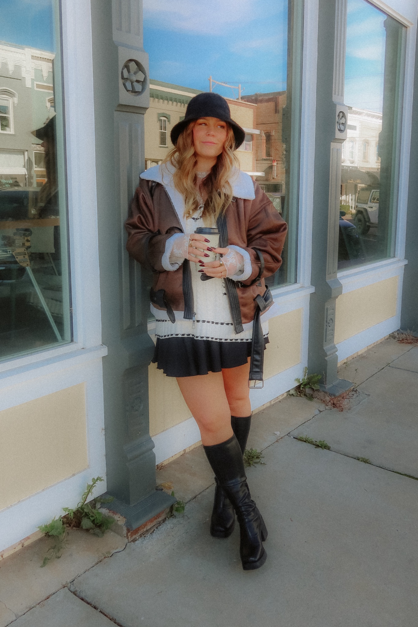 everything about this look 🤎🖤🤎🖤 the sweater is old but everything else is linked (skirt Amazon) 🔗 #midsize #midsizestyle #ootd #brownleatherjacket #aviatorjacket #target #targetstyle

#LTKMidsize #LTKFindsUnder100 #LTKShoeCrush