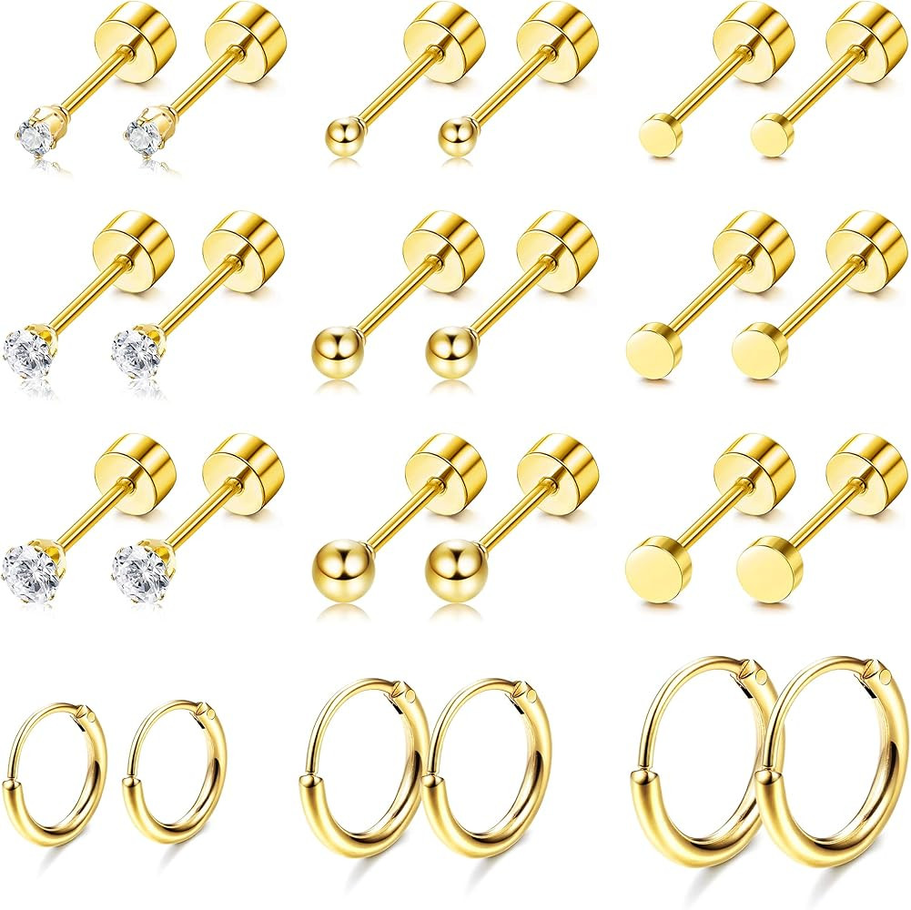FASACCO Small Tiny Stud Flat Back Earring Hypoallergenic Gold Studs 14K Surgical Steel Earring Se... | Amazon (US)