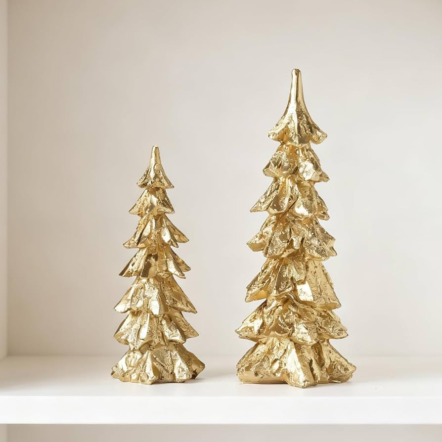 2Pcs Gold Christmas Tree Figurines, Resin Christmas Trees with Weathered Finish, Small Decorative... | Amazon (US)