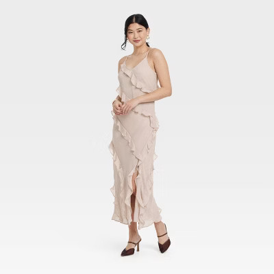 Women's Ruffle Maxi Slip Dress - A New Day™ Tan XS: Sleeveless V Neck Woven Spaghetti Straps | Target
