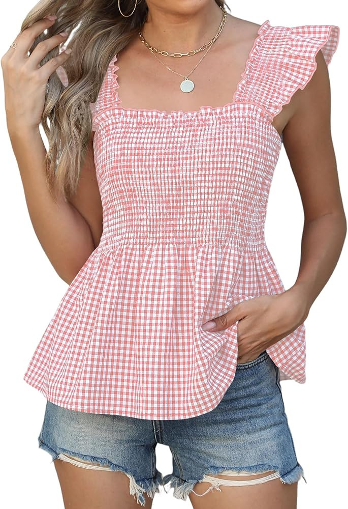 LOMON Womens Tank Tops Fashion Summer Ruffle Flying Sleeve Smocked Blouses Square Neck Sleeveless... | Amazon (US)