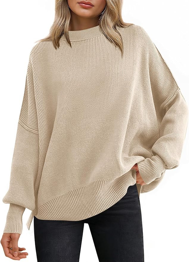 ANRABESS Women Oversized Sweaters Batwing Long Sleeve 2026 Fall Outfits Crewneck Casual Knit Side... | Amazon (US)