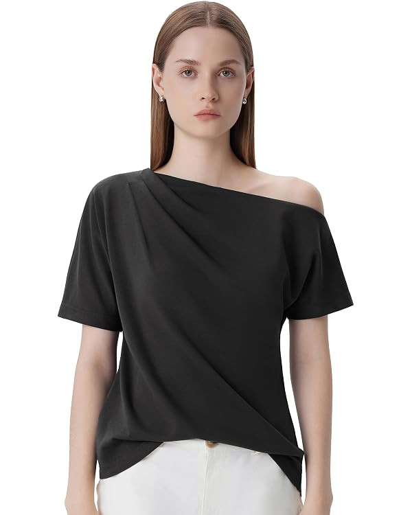 SUUKSESS Off the Shoulder Tops for Women Short Sleeve Asymmetrical Top Trendy Summer Going Out T-... | Amazon (US)