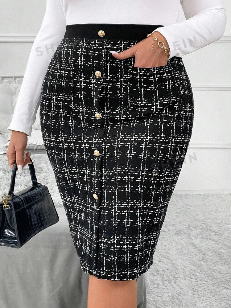 SHEIN Clasi Plus Size Vintage Print Button Decor A-Line Skirt, Autumn | SHEIN USA | SHEIN
