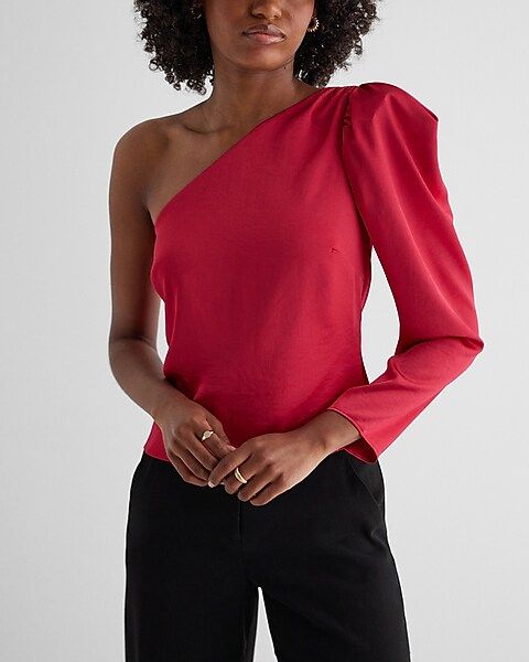 Satin One Shoulder Puff Sleeve Top | Express