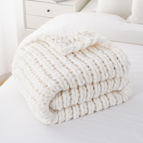Battilo Cream Chunky Knit Throw Blanket, Soft and Thick White Chenille Throw Blanket, 50"x60" Handmade Cable Knit Crochet Blanket, Knot Knitted Throw Blankets for Couch Home Decor, Cream | Amazon (US)
