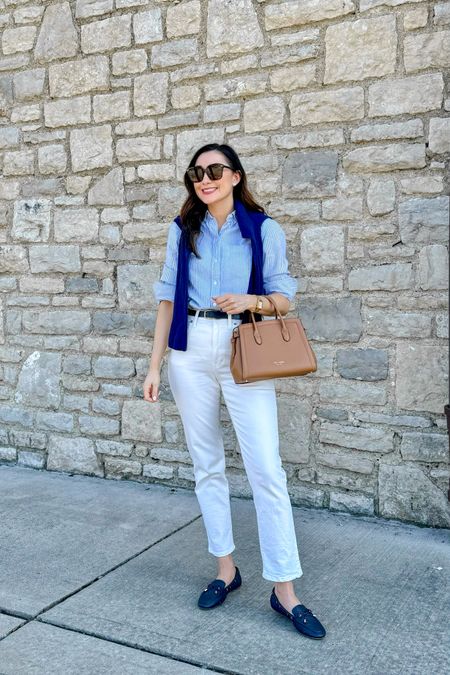 Classic spring outfit 💙🤍

Striped collared  button up (linked similar)
White jeans (linked similar)
Navy sweater size xs, size down if between sizes 
Navy loafers (linked similar)

Preppy outfit 
Smart casual 
Nautical style 
Coastal grandmother 

#LTKSeasonal #LTKitbag #LTKstyletip