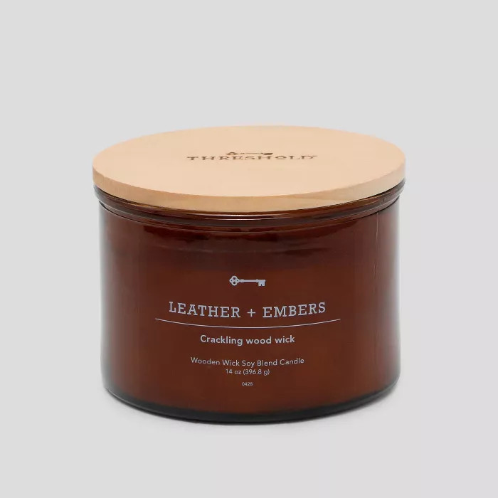 Lidded Glass Jar Crackling Wooden Wick Candle Leather and Embers - Threshold™ | Target