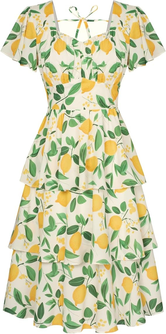 Belle Poque Women's Square Neck Tiered Ruffle Dress 2025 Summer Vintage Short Sleeve Layered A-li... | Amazon (US)