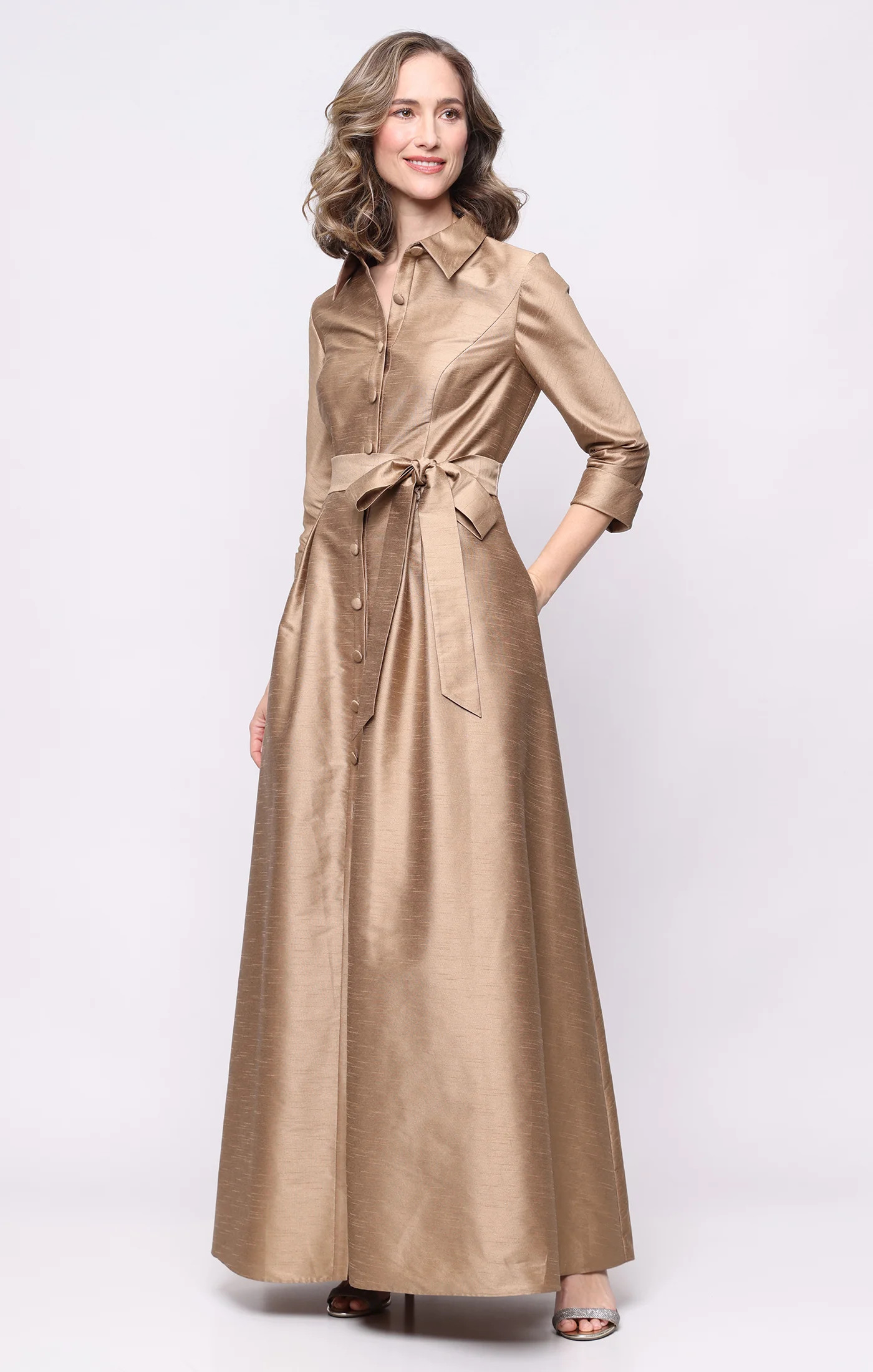 Long Shantung A-Line Dress with Tie Waist | Alex Evenings
