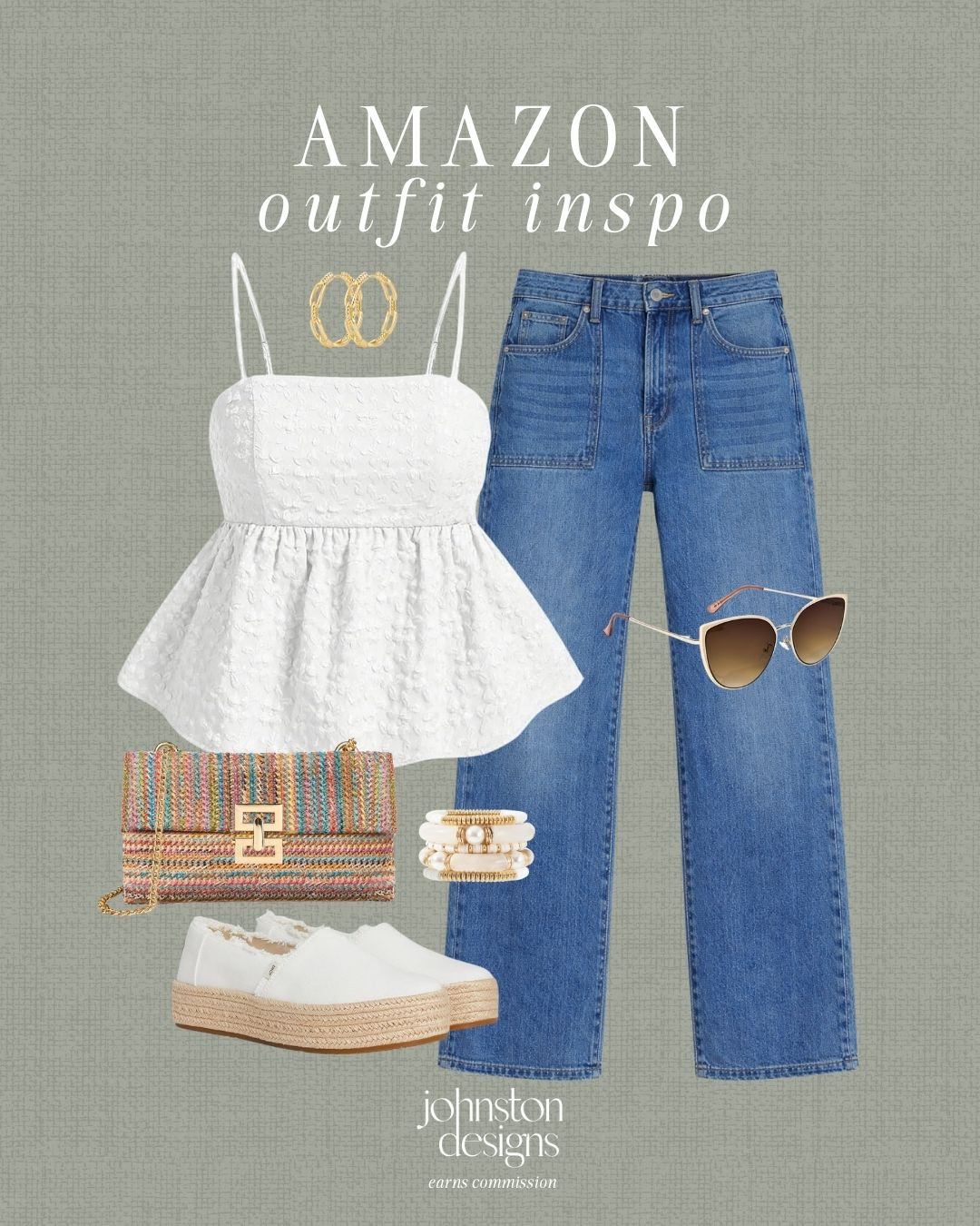 Amazon outfit inspo for an easy denim look with feminine summer details. 🤍

Amazon style, outfit inspo, denim outfit, white top, peplum tank, wide leg jeans, espadrille sneakers, woven bag, gold earrings, pearl bracelet, sunglasses, summer outfit, casual look, affordable fashion 

 #LTKootd