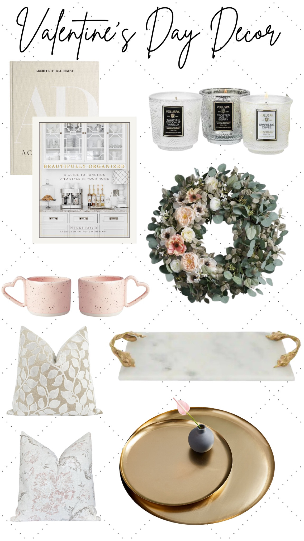 Valentine’s Day decor 
Wreath 
Marble tray 
Throw pillow 
Coffee mugs 
Books 
Candles 
Round tray 

#LTKhome #LTKFind #LTKSeasonal