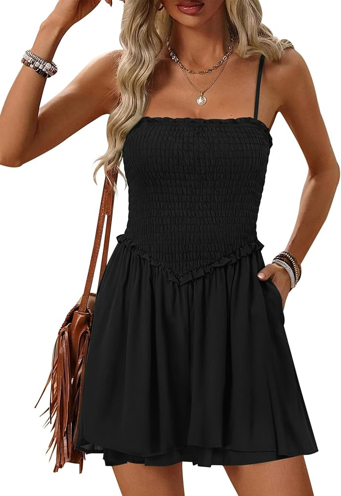 Relipop Womens Romper 2026 Summer Casual Smocked Sleeveless Spaghetti Strap Mini Shorts Jumpsuit ... | Amazon (US)