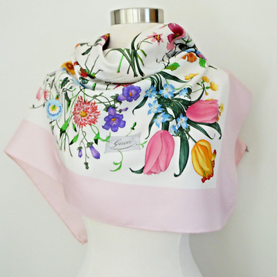 Gucci Scarf Floral Print Multicolor Pink Border Silk Square Italy Vintage  | eBay | eBay UK