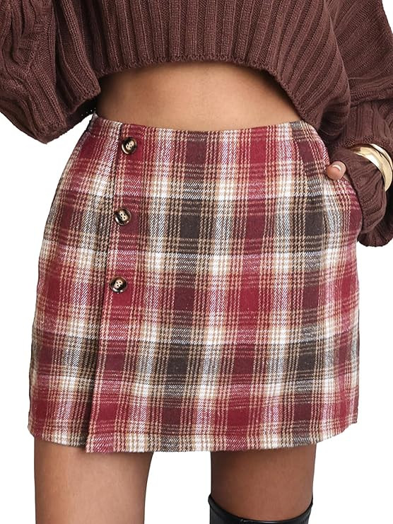 EXLURA Womens Faux Wool Plaid Mini Skirt Elastic High Waisted Tweed Skirts Button Bodycon Skirt F... | Amazon (US)