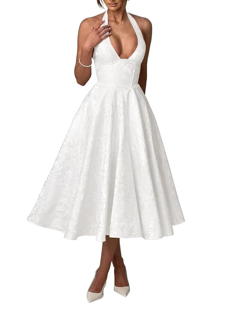 UZN Halter Tea Length Prom Dresses 2025 Jacquard Satin Deep V-Neck A-Line Formal Evening Party Go... | Amazon (US)