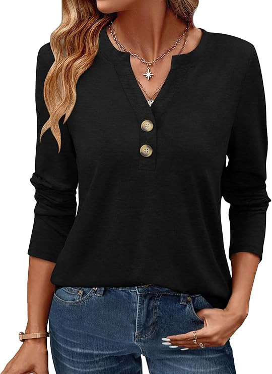 Womens Long Sleeve Tops Fall Clothing V Neck Casual Shirts Button Dressy Trendy Blouses Loose Fit... | Amazon (US)