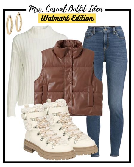 Faux leather puffer vest casual comfy winter Walmart outfit idea! Boots on major sale @walmartfashion #walmartpartner #walmartfashion 

#LTKSeasonal #LTKstyletip #LTKunder50