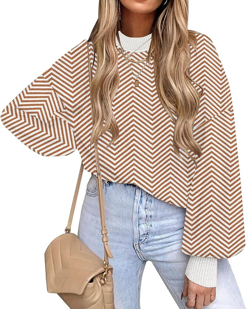 ETCYY Womens Sweaters Fall 2024 Batwing Long Sleeve Side Slit Knit Tops Crew Neck Striped Oversiz... | Amazon (US)