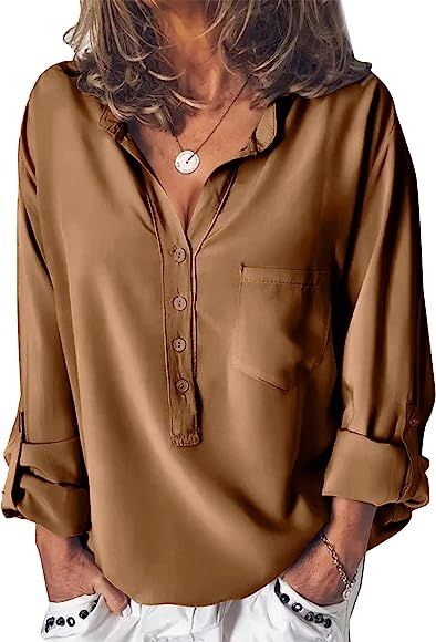 Beyove Satin Blouses for Women Button Down Silk Shirts V Neck Roll Up Long Sleeve Business Casual... | Amazon (CA)