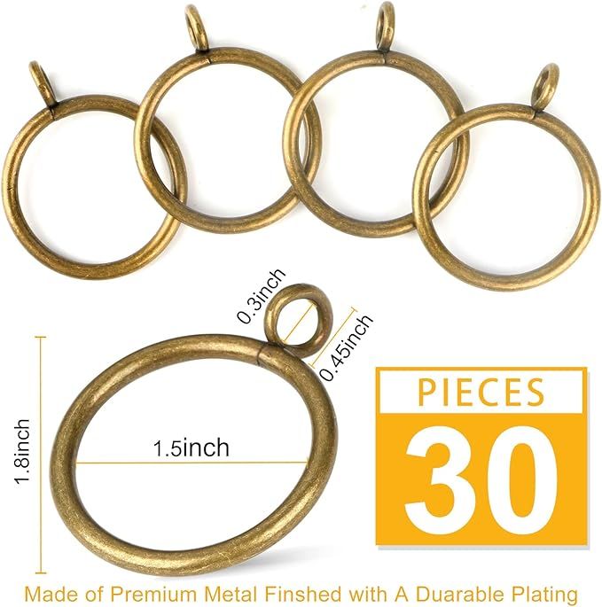 1 1/2-Inch Antique Brass Curtain Rings with Eyelets for Curtain Rods (Set of 30 PCS Curtain Rings... | Amazon (US)