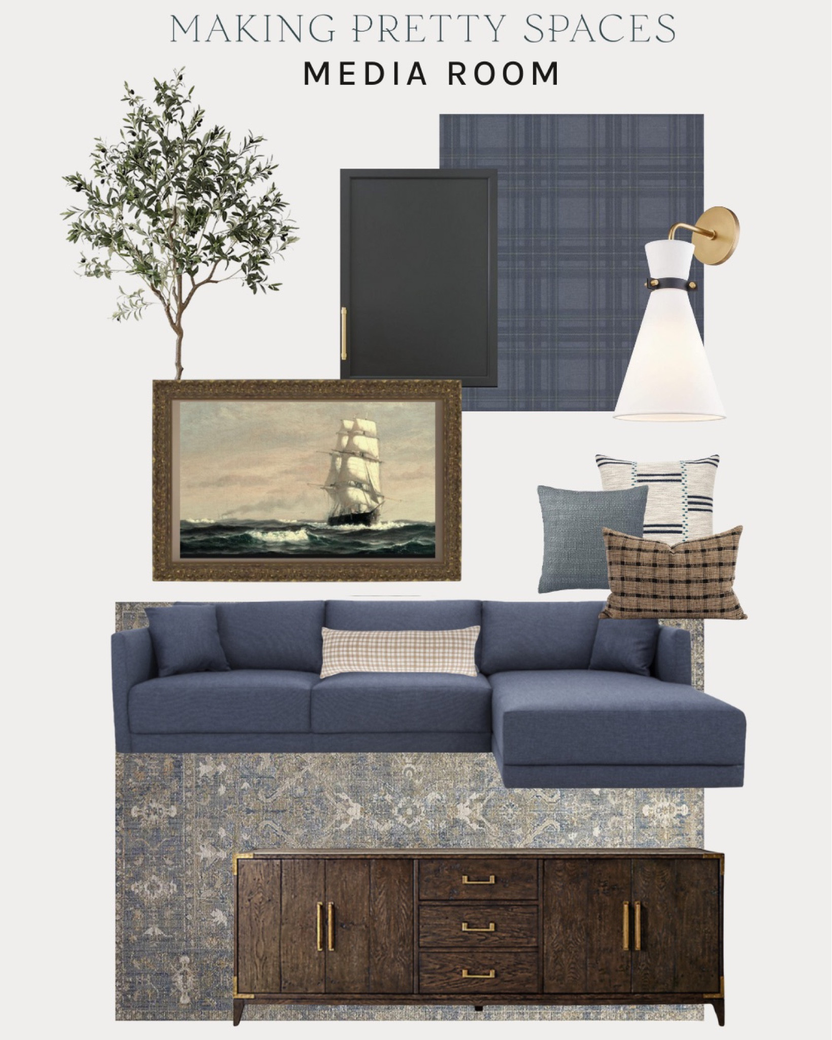 Shop my media room mood board!
Movie room, moody room, dark blue, plaid wallpaper, throw pillows, area rug, sconces, amazon, frame tv, artwork, olive tree, blue couch, love sac

#LTKstyletip #LTKsalealert #LTKhome