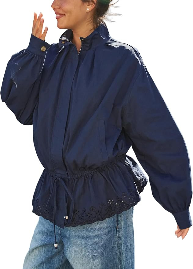 Womens Eyelet Scalloped Peplum Jacket Drawstring Waist Wind Coat | Amazon (US)