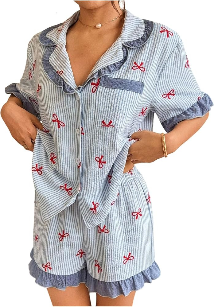 OYOANGLE Women's Bow Striped Pajama Sets Button Down Pjs Lounge Sets Ruffle Short Sleeve Sleepwea... | Amazon (US)