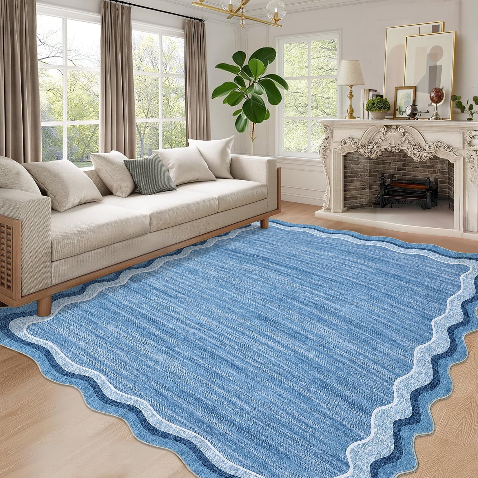ZACOO 9'x12' Area Rugs Scalloped Solid Rug, Non-Slip Low Pile Area Rugs for Living Room Bedroom, ... | Walmart (US)