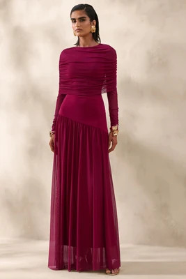Enalia | Burgundy Mesh High-Neck Maxi Dress With Short-Cape | Club L London