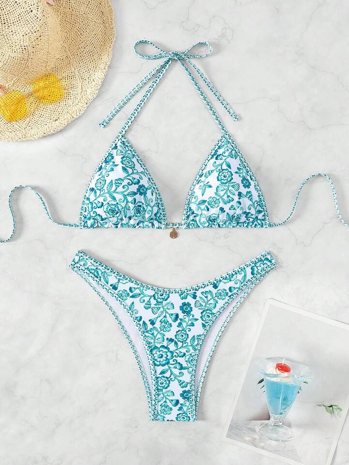 Women's Summer Beach Floral Print Halter Neck Tie Sexy Bikini Set | SHEIN