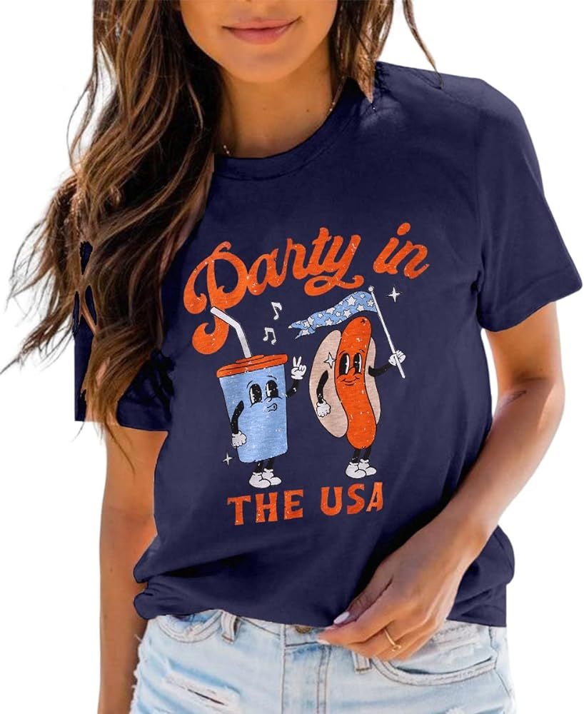 SOFEON Women Party in The USA Shirt Funny Hot Dog Graphic Shirt 4th of July T Shirts Short Sleeve... | Amazon (US)