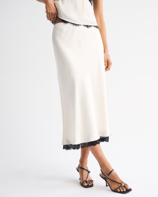Women's High Rise Satin Lace-Hem Midi Skirt | Women's Party Collection | Abercrombie.com | Abercrombie & Fitch (US)