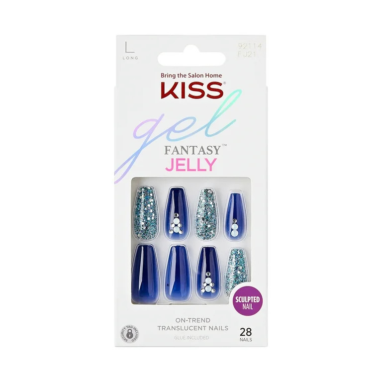 KISS Gel Fantasy Jelly Press-On Nails, ‘Don't Call Me’, Blue, Long Coffin, 31 Pieces | Walmart (US)