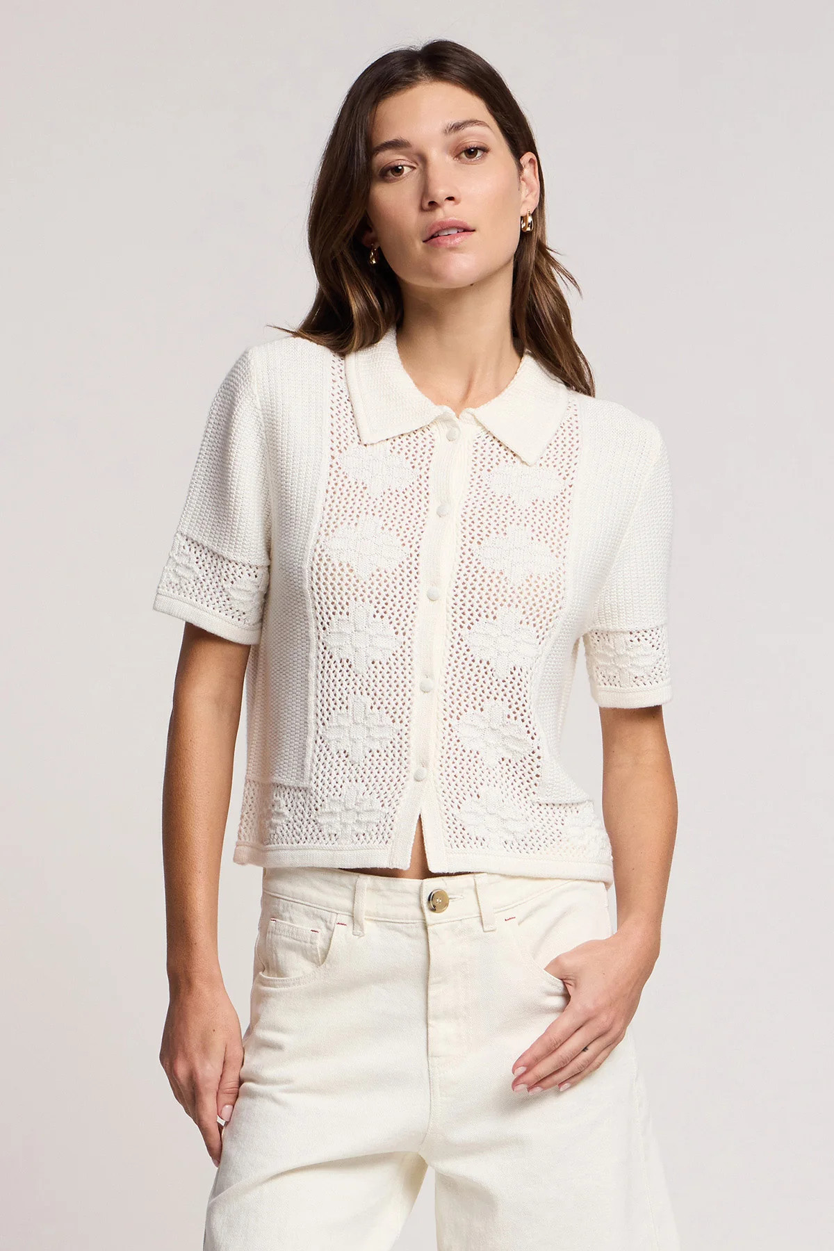 ROSEMOND COTTON CASHMERE SHORT SLEEVE COLLARED BUTTON FRONT CARDIGAN | Velvet by Graham & Spencer