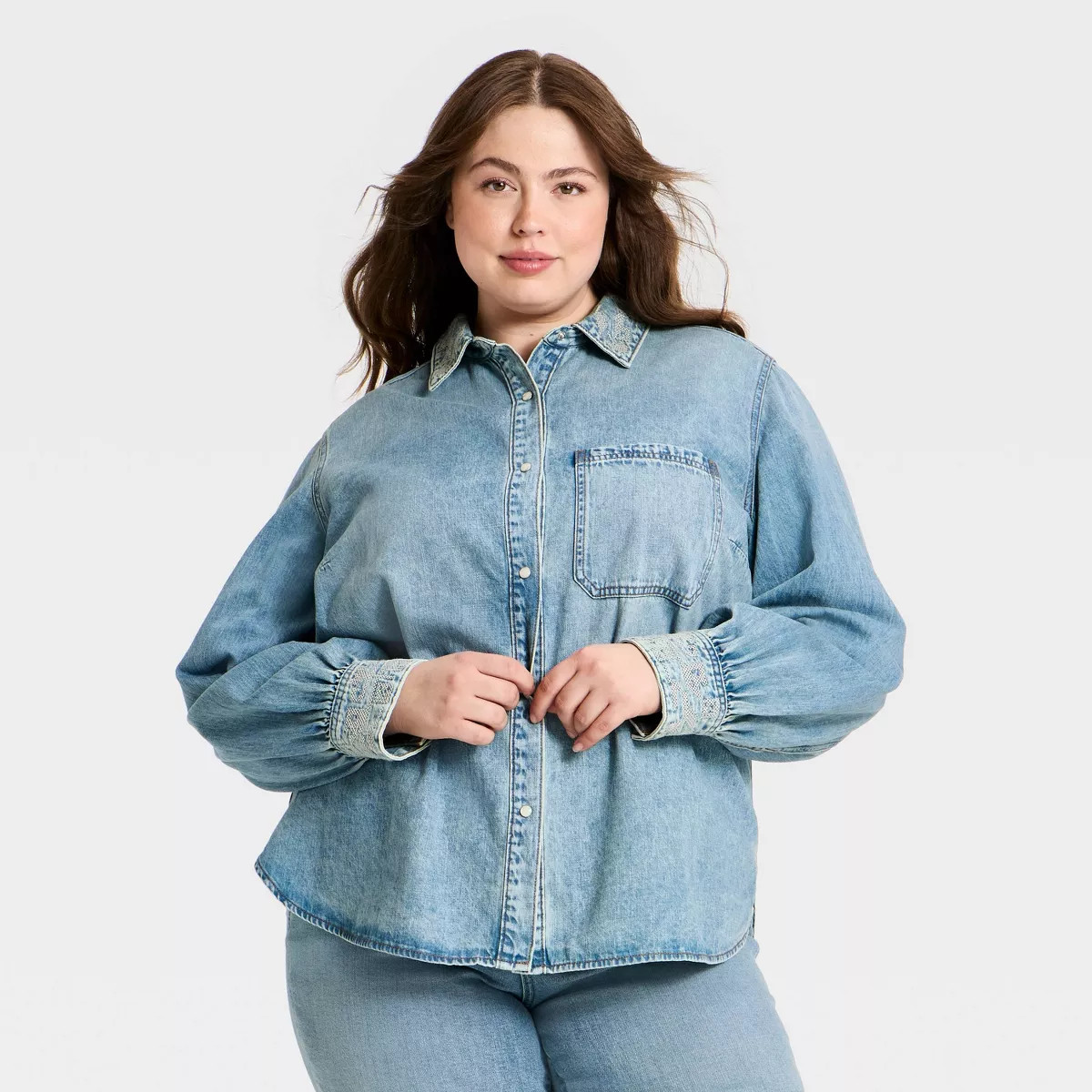 Women's Embroidered Denim Shirt - Universal Thread™ Medium Wash 2X | Target