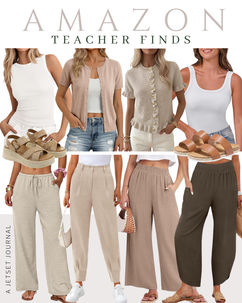 These teacher outfit ideas are what we are obsessed with right now! We love pairing the MakeMeChic ruffle top or the BTFBM high-neck tank top with wide-leg pants from ANRABESS or GRECERELLE. Pairing this ANRABESS sleeveless top with GRACE KARIN’ short-sleeve cardigan is also a great idea! Coutgo slides and UBFEN platform sandals are perfect for these fits!

#LTKSeasonal #LTKSaleAlert #LTKTravel
 

 