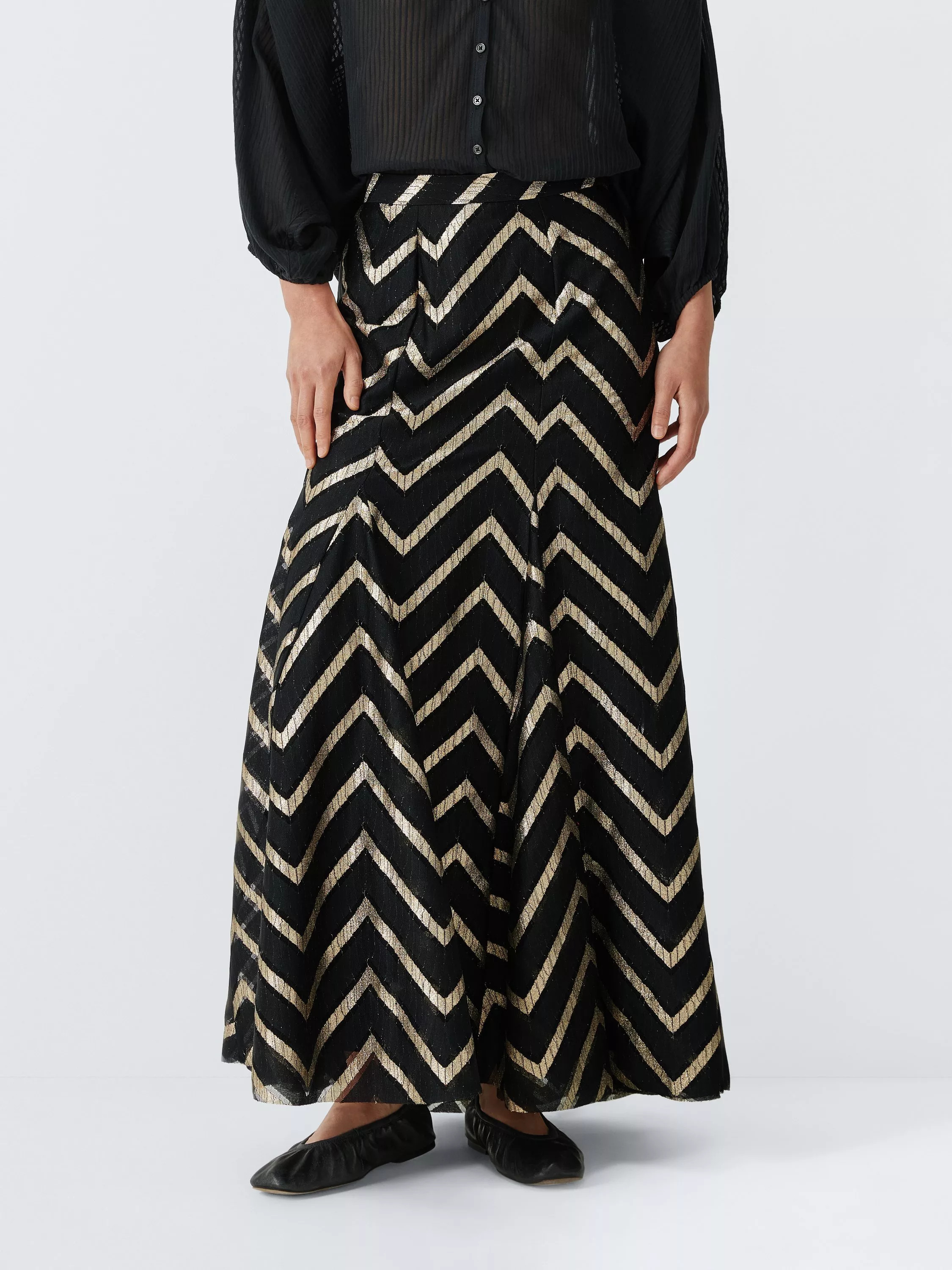 AND/OR Gold Metallic Chevron Detail Maxi Skirt, Black | John Lewis (UK)