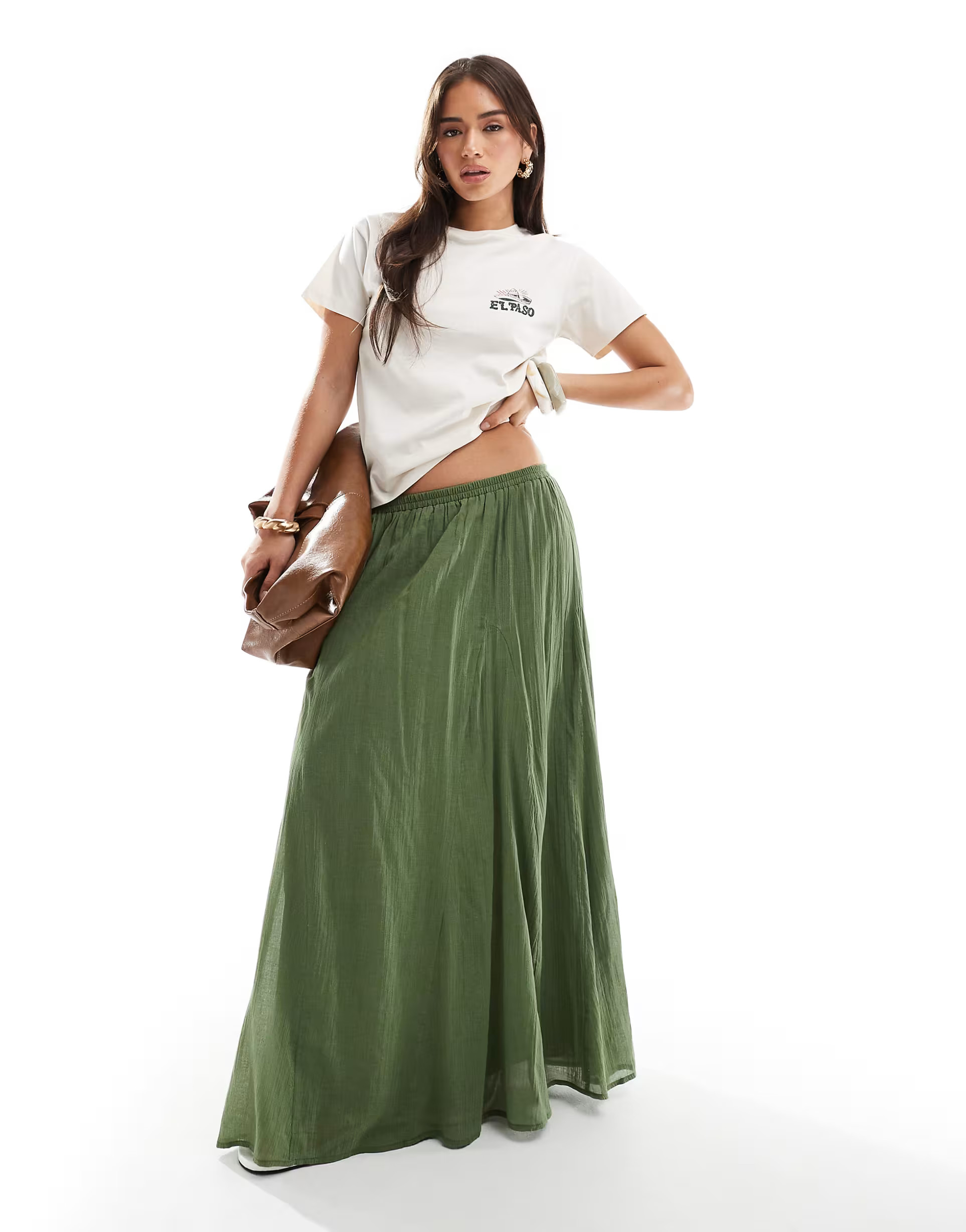 ASOS DESIGN cotton godet maxi skirt in khaki | ASOS | ASOS (Global)