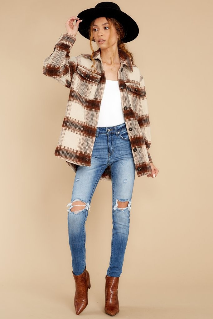 Live For This Moment Tan And Rust Plaid Coat | Red Dress 