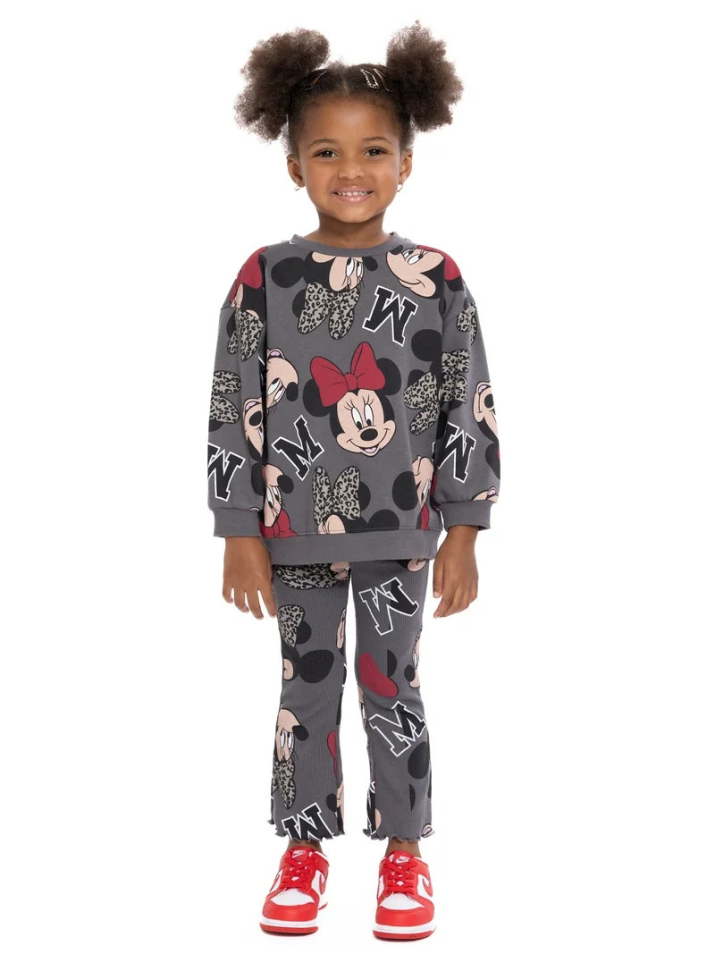 Minnie Mouse Toddler Girls Long Sleeve Allover Print Sweatshirt and Matching Flare Leggings Set, ... | Walmart (US)