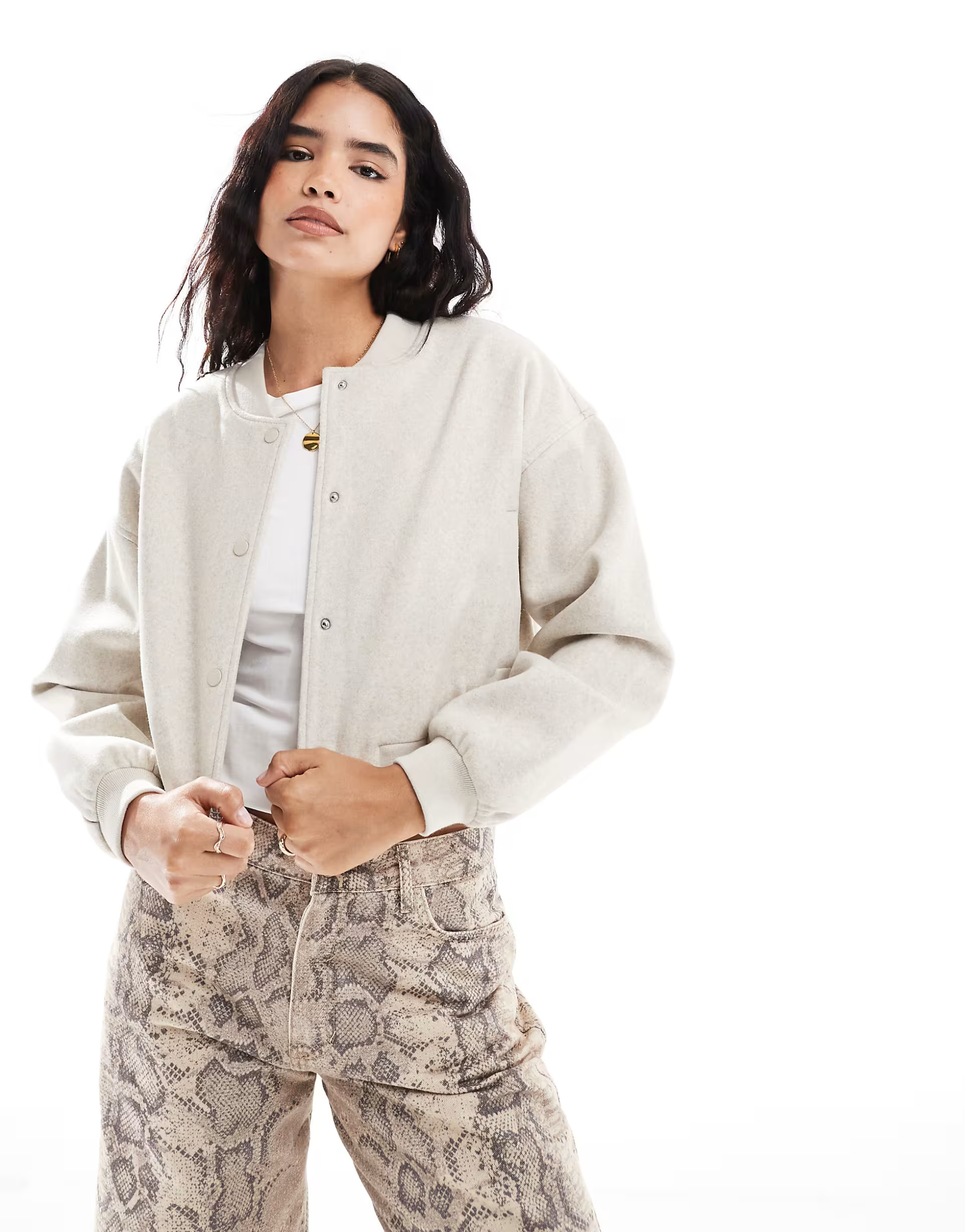 Pimkie brushed wool look bomber jacket in ecru | ASOS (Global)