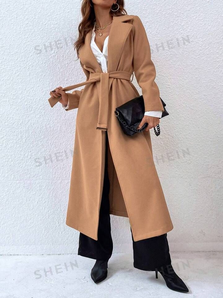 SHEIN LUNE Solid Color Lapel Collar Waist-tie Long Sleeve Long Woolen Coat | SHEIN