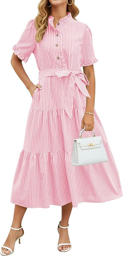 Womens Striped Summer Dress Elegant Ruffled Sleeve Button Down Tie Waist Maxi Shirt Dresses | Amazon (US)