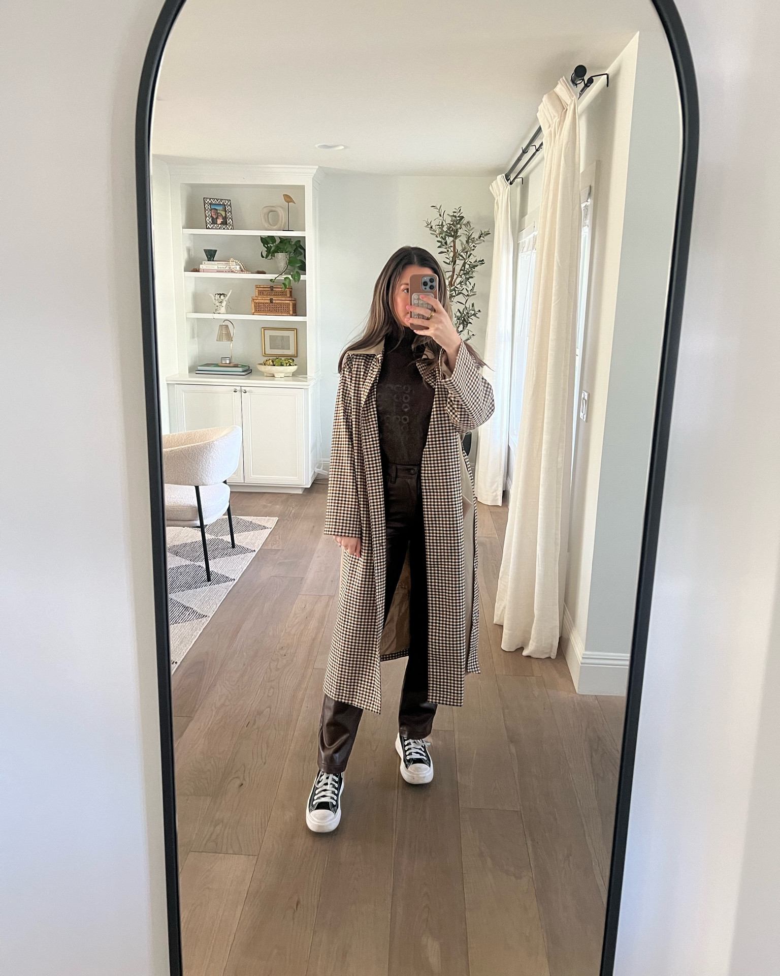 Checkered trench coat and my favorite brown leather pants! 