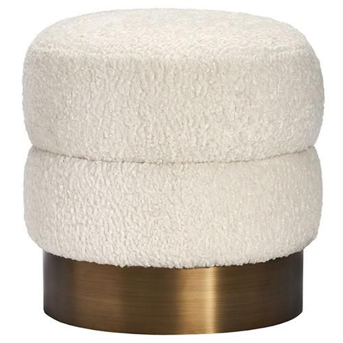 Interlude Charlize Off-White Upholstered  Faux Shearling Boucle Bronze Ottoman | Kathy Kuo Home
