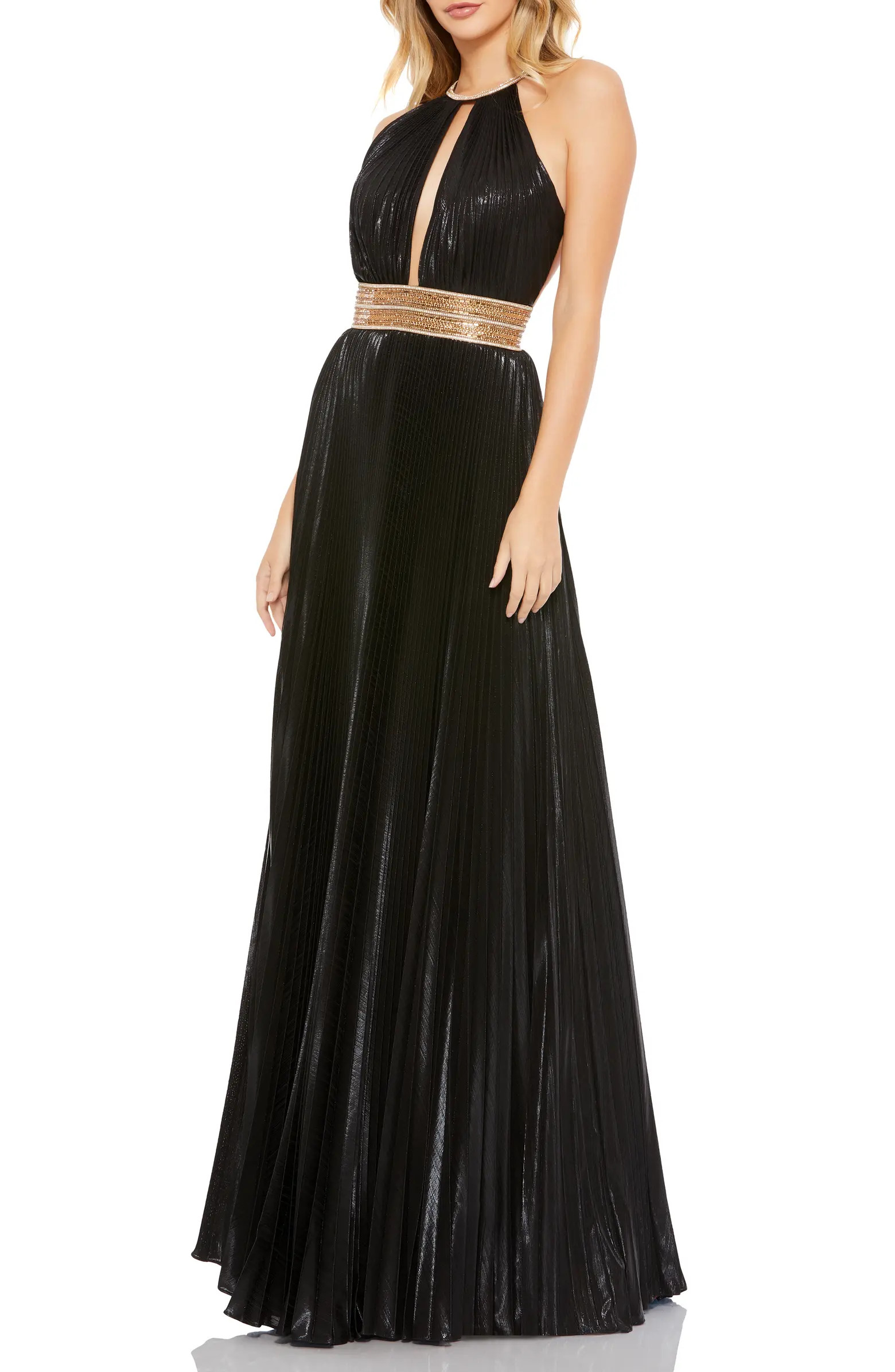 Ieena for Mac Duggal Metallic Halter Neck A-Line Gown | Nordstrom | Nordstrom